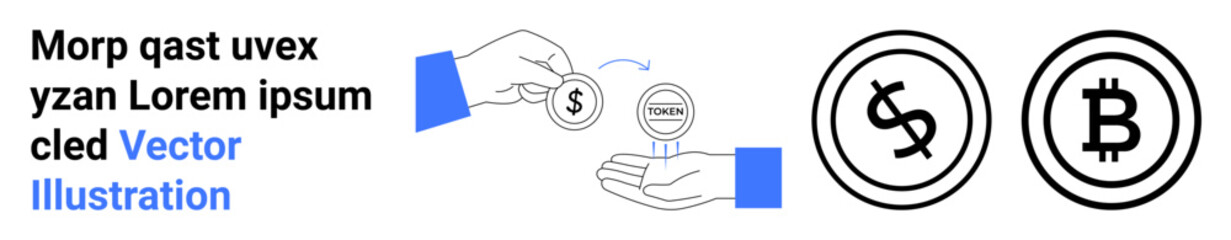 Dollar coin handed over, Bitcoin coin displayed, concept of currency exchange Ideal for finance, cryptocurrency, fintech, blockchain, investment, digital wallets, modern banking abstract line flat