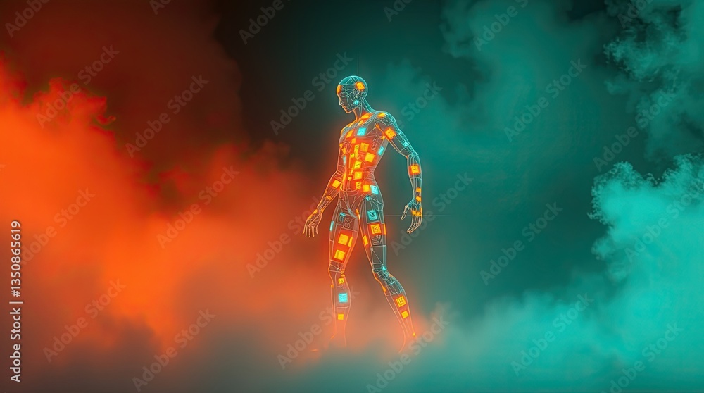 Poster a humanoid figure constructed with vibrant glowing patterns stands amidst swirling colorful smoke cr