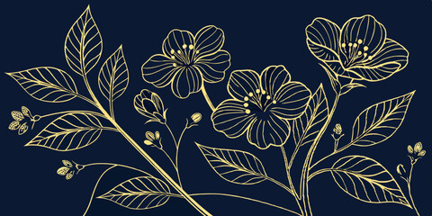 Floral Pattern of Gold Metallic Contour Flowers and Leaves on a Dark Navy Blue Backdrop. Luxurious Art Deco Wallpaper Design for Print, Poster, Cover, Banner, Invitation, Package, Beauty Products.
