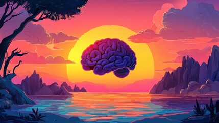 Vibrant Sunset Landscape with Surreal Brain Illustrating Imagination