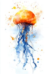 Fototapeta premium Watercolor Jellyfish Painting Orange and Blue Marine Life in White Background