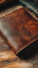 High-Quality Brown Leather Wallet Rustic Wood Background