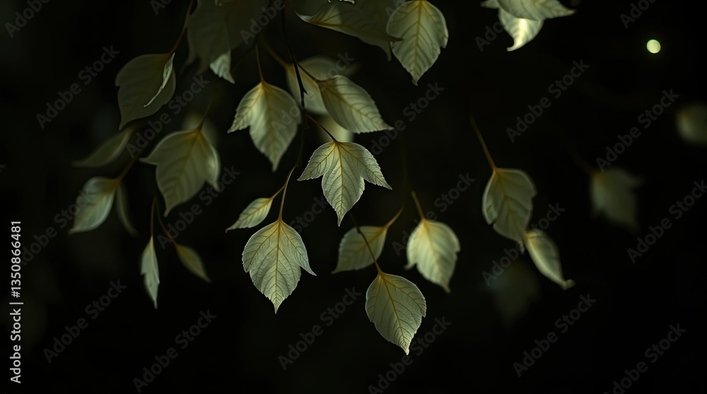 Poster delicate leaves hang gracefully from branches softly illuminated in a dark atmosphere creating a ser