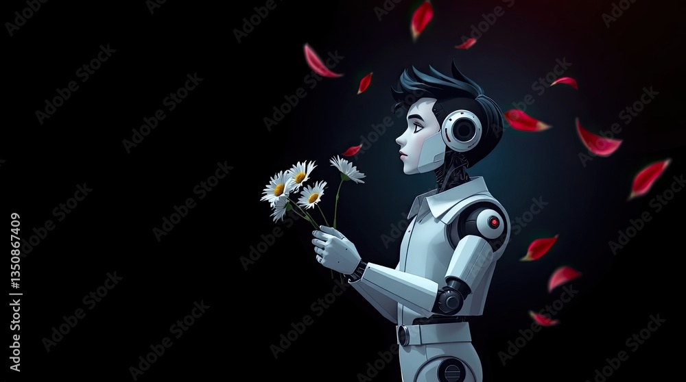 Poster a robotic character stands still in a dark background delicately holding a bouquet of daisies while 