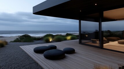 Modern beach house exterior with comfortable patio seating.  Coastal contemporary design with dark accents and natural elements