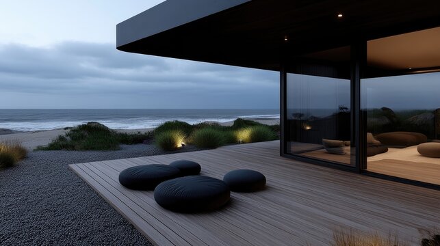 Modern beach house exterior with comfortable patio seating.  Coastal contemporary design with dark accents and natural elements