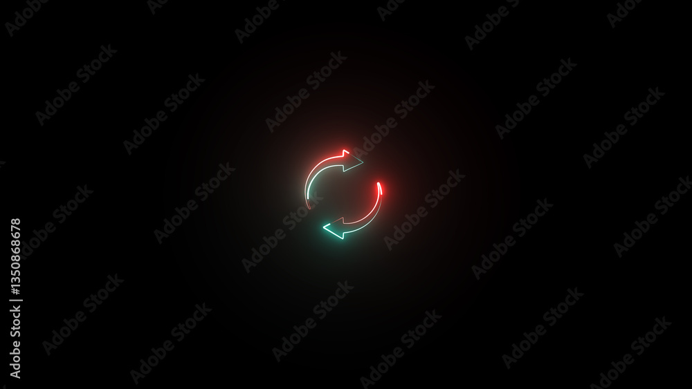 Poster neon line circle arrows icon. round reload sign, repeat icon, rotate arrow symbol on the black backg