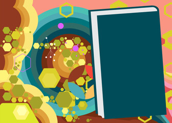 Naklejka premium Retro 70s Background with Book. Groovy Education 1970s art template. Minimalistic Vintage design poster. Old-fashioned color artwork.