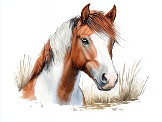 Obraz premium Watercolor Portrait of a Pinto Horse in Grass