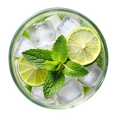 Gin tonic mojito cocktail with mint in a glass top view isolated on transparent white background, clipping path