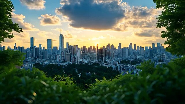 TL Sun rising over East Coast city in silhouette backlit resembling Manhattan