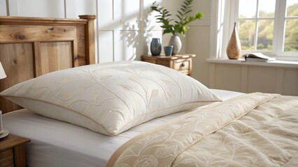 Serene white pillow adorned with subtle texture and gentle creases rests against a soft, creamy duvet in a beautifully lit bedroom.
