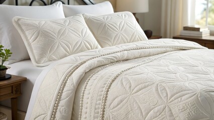 a photo image of plush white bed covers with intricate stitching, soft to touch microfiber fabric, and subtle texture that catches the light.
