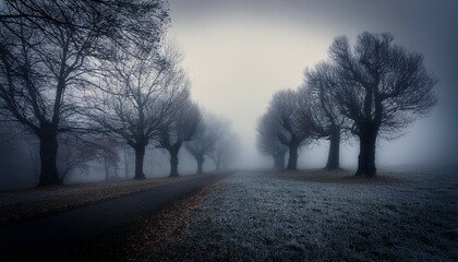 depression and melancholy in a photo from a foggy dark autumn morning timber and dark gloomy nature with thick fog