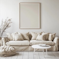 Beige sofa, coffee table, and framed picture in minimalist living room.