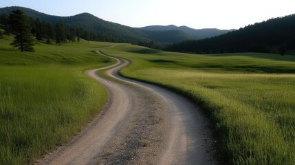 Serene winding country road through a grassy valley, with hills and trees in the background.  A tranquil scene of nature