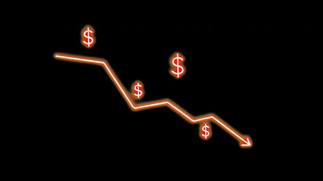 Declining dollar trend graph animation isolated asset, transparent 4K video, alpha channel, ProRes 4444