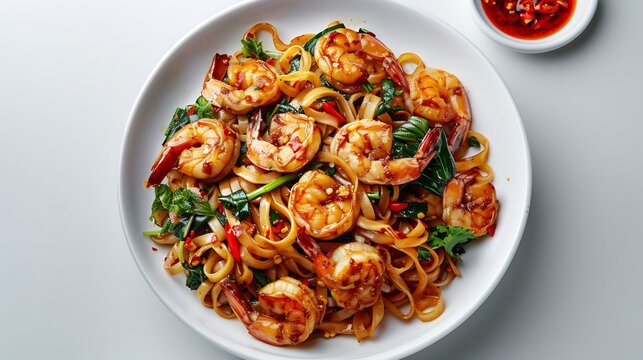Malaysian char kway teow noodle stir fry shrimp plated cleanly zoomed out overhead view on white