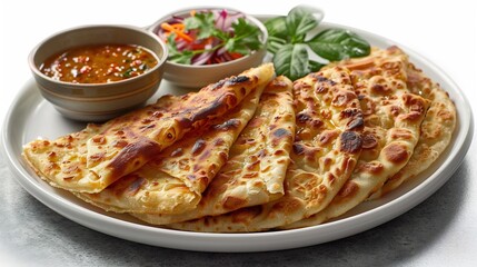 Malaysian roti canai curry sauce folded flatbread placed on a white dish clearly lit from above isolated view