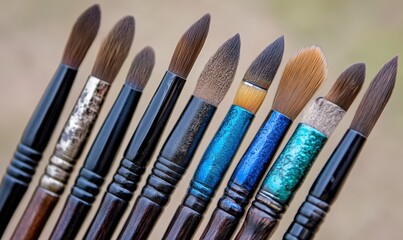 Fototapeta premium Colorful Paintbrushes in a Row with Various Brush Tips for Art and Craft Projects on a Blurred Natural Background
