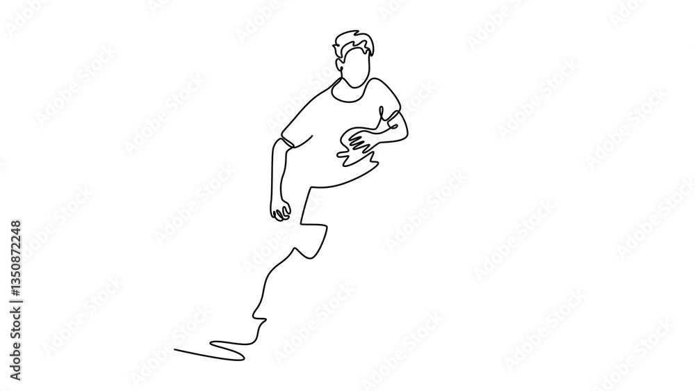 Poster animated self drawing of continuous line draw midfielder male football player make a move control ba