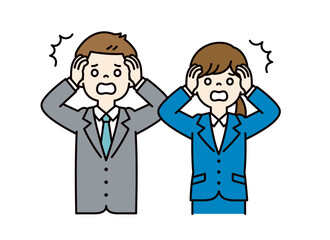 頭を抱えてパニックになる、男女の会社員のシンプルなベクターイラスト素材＿カラー