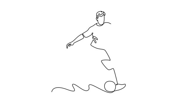 Animated self drawing of continuous line draw young attractive male football player striker take a free kick. Competitive on soccer competition match sports concept. Full length single line animation