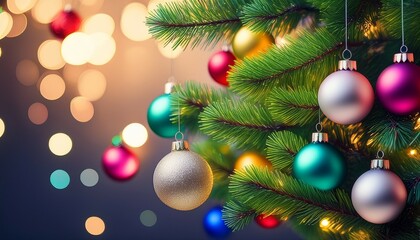 Obraz premium merry christmas birthday celebration title of tree branches decorated with colorful balls and sparkling lights realistic rendering