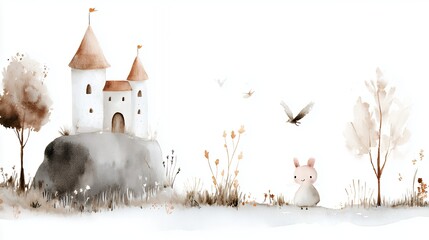 Whimsical Watercolor Castle Landscape with Small Animal