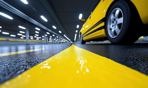 Yellow car parked in a modern underground parking lot with illuminated ceiling and wet asphalt, low-angle view reflecting daylight in structure - Powered by Adobe