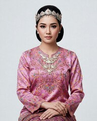 Portrait of beautiful Malaysian woman in national costume on white background.