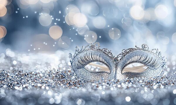Silver masquerade mask on sparkling background, festive celebration, bokeh lights, party invitation