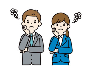 頬に手を当てて悩む、男女の会社員のシンプルなベクターイラスト素材＿カラー
