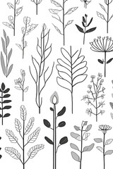 Elegant botanical line art with monochrome leaves and delicate floral sketches.







