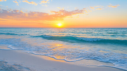 Fototapeta premium Stunning beach view capturing vibrant coastal hues of the sunset with gentle waves lapping at the shore creating a serene and tranquil scene.
