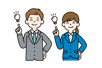 いいアイデアが思い付いた、男女の会社員のシンプルなベクターイラスト素材＿カラー
