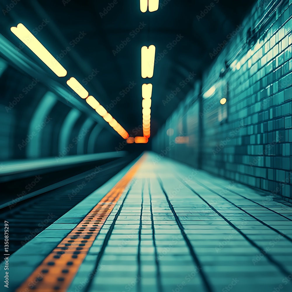Poster a dimly lit subway tunnel with glowing lights illuminating the platform, creating a sense of depth a