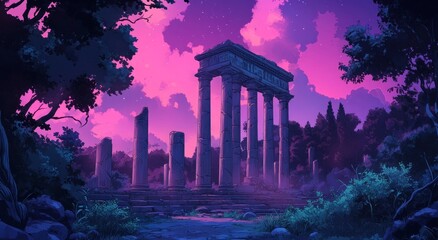 Obraz premium An ancient overgrown temple ruins under a vibrant purple sky