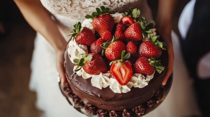 Bride holding chocolate strawberry wedding cake