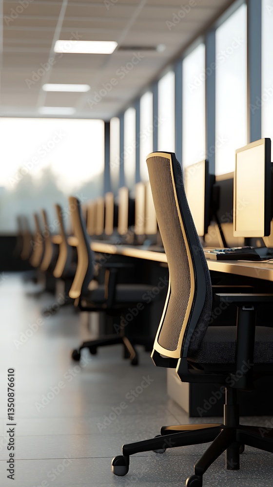 Poster a modern office space with ergonomic chairs and computers, featuring large windows that allow natura
