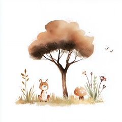 Whimsical Watercolor Painting of a Small Animal Under an Autumn Tree