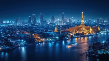 Fototapeta premium Bangkok skyline at night, temples, river, cityscape, aerial view, tourism, Asia
