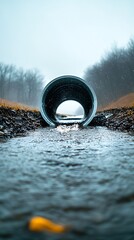 Storm Drain for Winter Creek, Grey Sky.