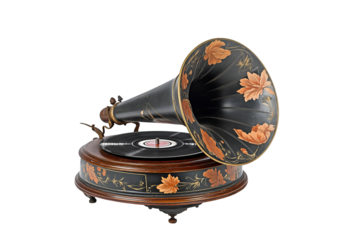 Vintage Gramophone Plays Vinyl Record with Ornate Floral Decorations