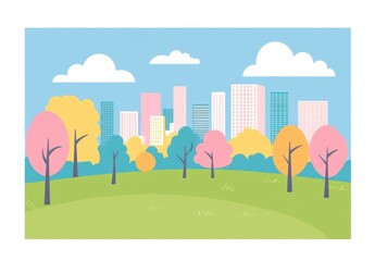 A colorful cartoon landscape featuring a city skyline and park