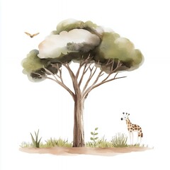 Whimsical Watercolor Savanna Scene Giraffe and Tree