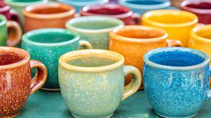 Vibrant collection of colorful coffee mugs shining brightly under the warm sunlight captured in an inviting and cheerful setting.