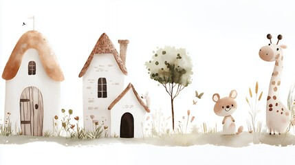 Whimsical Watercolor Village Scene with Animals