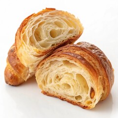 Freshly baked croissant cut in half on a white background