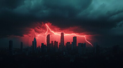 A dramatic city skyline illuminated by lightning against dark clouds, creating an intense and eerie atmosphere.